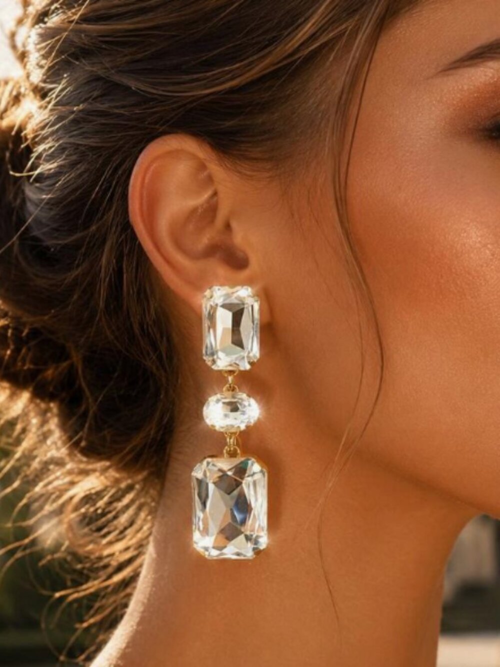 Oversized Clear Crystal Statement Drop Earrings Gold Tone 2.5"